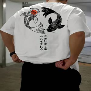 일본 잉어 하라주쿠 일러스트 패턴 티셔츠 남성 여름 캐주얼 티셔츠 부드러운 패션 반팔 루즈 코튼 스포츠웨어