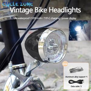 레트로 자전거 헤드 라이트 Type-C 충전식 클래식 산악 자전거 프론트 라이트 3 LED MTB 도로 자전거 헤드 램프 사이클링 액세서리