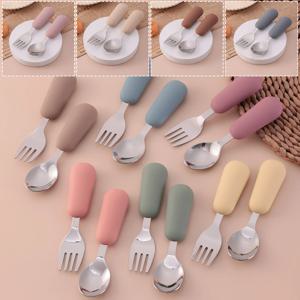 컬러 키즈 2PCS 스테인리스 스틸 포크 스푼 아기 식기 세트 친환경 유아용 식기 BPA 프리 키즈 디너웨어 아기 용품