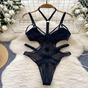 섹시한 홀터넥 브라이드메이드 원피스 수영복 여성용 퓨어 데지어 스파이시 걸 이너웨어 베이스탑 시스루 넷 스트랩