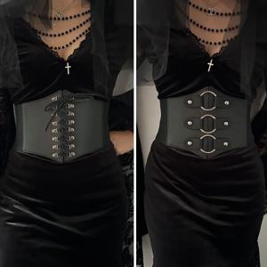 검은색 리벳 코르셋 벨트가 있는 고딕 트리플 버클 여성용 스터드 탄성 웨이스피 허리띠 펑크 코트 드레스 벨트