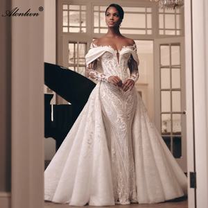 Alonlivn 맞춤 제작 럭셔리 레이스 2 In 1 인어 웨딩 드레스 구슬 자수 환상 목 트럼펫 신부 가운