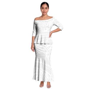 화이트 디자인 폴리네시안 프린트 맞춤 패턴 머메이드 드레스 오프숄더 교회 풀레타시 드레스 여성용 사모아 풀레타시