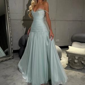 맞춤형 a 라인 이브닝 드레스 바닥 길이 스파게티 스트랩 민소매 댄스 파티 드레스 패션 크리스탈 플리츠 드레이프 파티 드레스