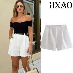 HXAO 여성용 흰색 반바지 여름 주름 미니 반바지 여성 캐주얼 헐렁한 블랙 핑크 반바지 하이 웨이스트 미니 짧은 바지