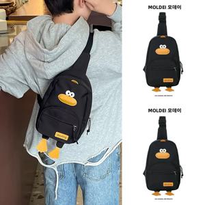 귀여운 만화 오리 소년 크로스백 캐주얼 다용도 트렌디 체스트백 나일론 소재 지퍼 잠금 스트릿 스타일 레저백
