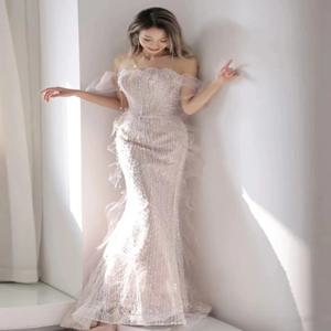 우아한 원숄더 피쉬테일 이브닝 드레스, 여성용 롱 졸업식 드레스, 고급 미니멀리스트 연례 회의 사회자 공연 의상