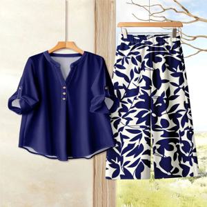 봄 가을 신상 프린트 캐주얼 투피스 여성 패션 V넥 버튼 우아한 루즈핏 오피스 파티 투피스 세트 여성용