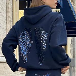 2025 패션 화이트 윙 글리터 패치워크 후드티 여성 캐주얼 긴팔 레이스업 포켓 탑 가을 겨울 하이 스트리트 의상