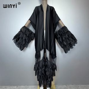 WINYI 캣워크 섹시 기모노 여성 우아한 코트 긴 소매 가디건 아바야 두바이 럭셔리 비치웨어 커버업 드레스 휴가 카프탄