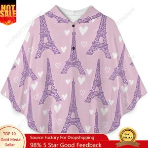 아늑한 플란넬 담요 스웨터, 에펠탑 하트 패턴 포켓이 있는 오버사이즈 후드티 어린이와 청소년용
