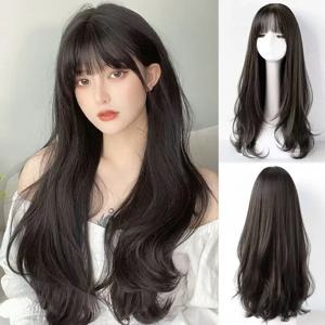 할로윈 파티용 검정색 긴 웨이브 합성 가발, 코스프레 가발, 일상용 가발, 고온 내성 헤어 액세서리 가발 세트