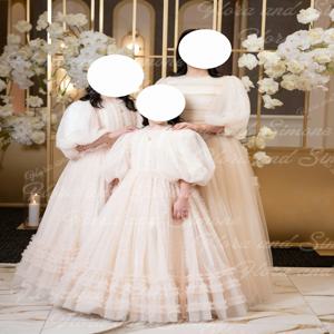 버블 반소매 하이넥 메쉬 플러피 우아한 플라워 걸 드레스 첫 영성체 드레스 웨딩 파티에 적합