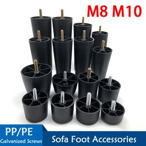 원형 테이퍼드 블랙 플라스틱 가구 다리 고정장치 높이 25-180MM 미끄럼 방지 발패드 M8 M10 나사형 샹크 소파 및 의자용