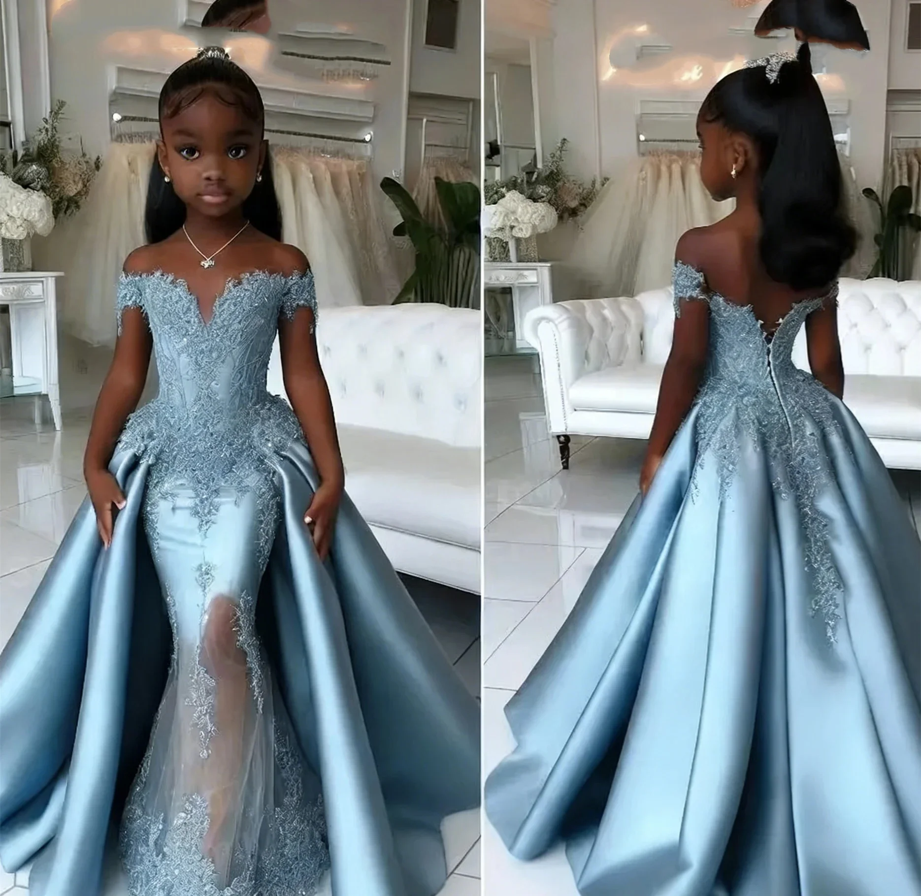 맞춤형 플라워 걸 드레스 웨딩 드레스 첫 크리스마스 드레스 파티 드레스 오프 숄더 레이스 인어 공주 어린이 정장 드레스