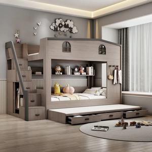 서랍형 수납 공간이 있는 이층 침대, 이층 침대형 더블 침대, 계단식, 풀 프레임, 퀸 사이즈, 원목 이층 침대, 침실 가구