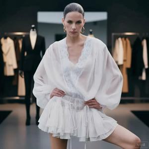 흰색 레이스 브이넥 투피스 드레스 벌룬 슬리브 러플 드레스 남프랑스 휴가 뉴차이니즈 퓨전 보헤미안 빈티지