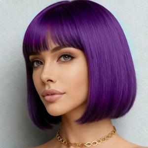 12인치 보라색 가발(뱅 디자인), 고온 섬유 합성 소재로 제작, 일상 코스프레 착용에 적합