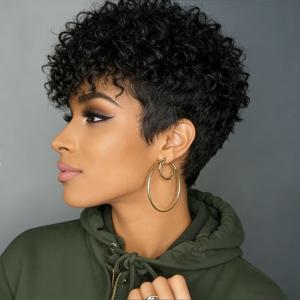 자연스러운 검정색 숏 픽시컷 가발, 곱슬머리 인모 가발, 앞머리가 미리 뽑아진 여성용 풀머신 메이드 가발