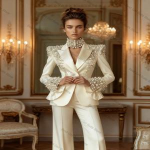 베이지 크리스탈 여성 정장 세트 2피스 블레이저+바지 정장 비즈니스 오피스 레이디 재킷 맞춤형 프로모션 웨딩 코트