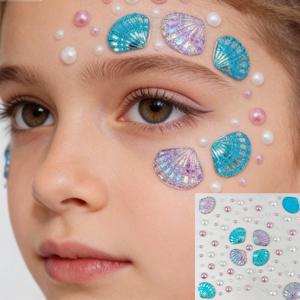 1개 3D 오로라 조개껍질 임시 타투 스티커 몽환적인 인어 메이크업 스티커 진주 얼굴 아이섀도우 보석 데칼 얼굴 장식