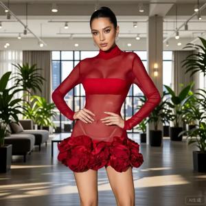 레드 LED 라이트 쇼 드레스 바디콘 무대 공연 가운 시스루 메쉬 의상 3D 플라워 스커트 투명 레드 가운