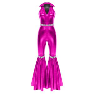 여성 빈티지 원피스 70년대 디스코 댄스 롬퍼 민소매 메탈릭 벨보텀 플레어 팬츠 점프수트 레트로 파티 재즈 댄스 의상