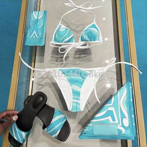 클래식 디자인 여성용 블루 스카프 비키니 세트(레터 시그니처 로고 포함) 디자이너 브랜드 레이디 헤드밴드 수영복 비치웨어