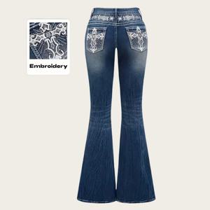 빈티지 부츠컷 자수 포켓 라인스톤 워싱 여성 플레어 진 바지 스트리트웨어