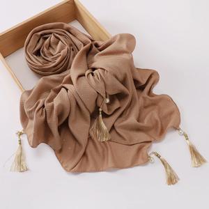 프리미엄 태슬 히잡 이슬람 크리스탈 숄 및 랩 무슬림 주름 헤드스카프 라인스톤 스카프 여성용 푸라르