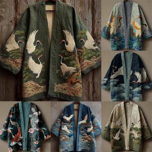 플러스 사이즈 일본식 기모노 가디건 유카타 하오리 재킷 빈티지 사무라이 의상 중국식 프린트 한푸 코트 봄 신상 상의 셔츠