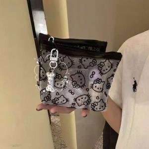 투명 메쉬 헬로 키티 동전 지갑 만화 스타일 세련되고 심플한 휴대용 화장품 가방 헤드폰 보관 가방 휴일 선물