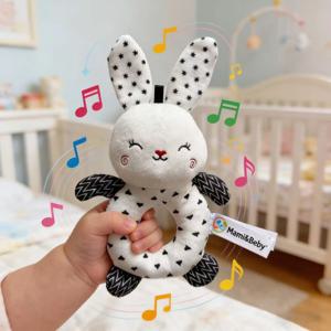 삐걱거리는 소리가 나는 아기 치아발육용 딸랑이 장난감, 신생아 0-12개월용 흑백 휴대용 감각 자극 쉐이커, 귀여운 그립 링