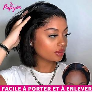 숏밥 가발 스트레이트 글루리스 가발 바로 착용 가능 인모 가발 프리컷 4x4 탄성 드로스트링 업그레이드된 무접착 레이스 에어 가발