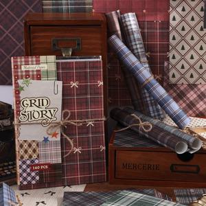 160장 빈티지 그리드 스크랩북 용지, 끈적이지 않는 플래드 패턴 장식 용지, 저널링, 스크랩북킹, DIY 공예용