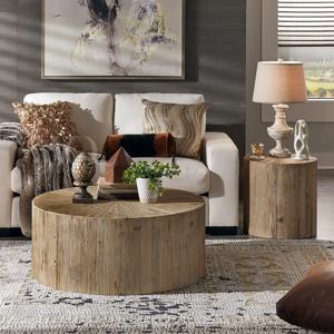 ！@Zen Art 아메리칸 레트로 원형 목재 사이드 테이블(거실용) 레트로 소파 피어와 티 테이블이 있는 커피 테이블