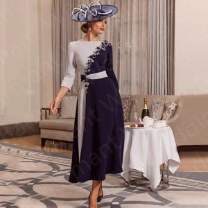 맞춤형 대비 색상 네이비 신부 어머니 드레스 미디 기장 맞춤 드레스 3/4 소매 웨딩 게스트 가운 보트넥