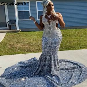 반짝이는 실버 다이아몬드 무도회 원피스 반짝이 크리스탈 비즈 스팽글, 생일 웨딩 파티 가운, 이브닝 가운, 코트 트레인 맞춤형