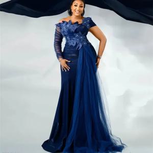 아소 에비 아랍어 네이비 블루 인어 이브닝 드레스 크리스탈 레이스 공식 파티 생일 연예인 신부 가운의 어머니 맞춤형