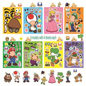 8 시트 애니메이션 만화 슈퍼 마리오 브라더스 퍼즐 스티커 게임 카와이 메이크 어 페이스 스티커 귀여운 DIY 재미있는 스티커 장난감 선물