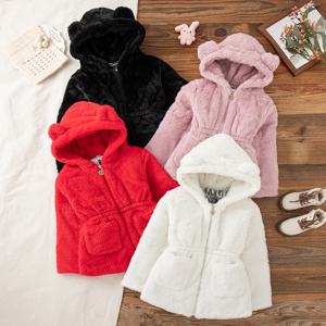 유아 여아용 겨울 셰르파 재킷 - 귀여운 단색 플리스 안감 후드 코트 따뜻한 캐주얼 아우터웨어
