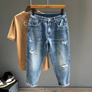 남성용 찢어진 청바지, 테이퍼 구멍 닳은 데님 바지, 캐주얼 스트리트웨어, 빈티지 블루 팬츠, 개성 패션, 신상