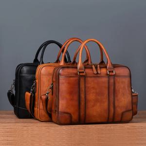 남성용 더블 지퍼 정품 가죽 핸드백, 대용량 서류 가방, 수제 남성 노트북 가방, 토트 숄더 크로스 바디 백