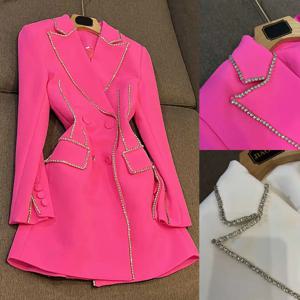 여성용 비즈 원피스 패션 슬림핏 더블 브레스트 블레이저 롱 재킷, 맞춤형 크리스탈 파티 1 피스 세트