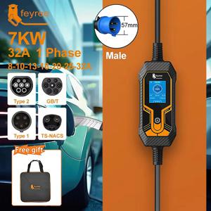 Feyree EV 충전기 Type2 7KW 32A EVSE 휴대용 충전 박스 CEE Male Plug Type1 GB/T 코드 전기 자동차 용 5M 충전 케이블
