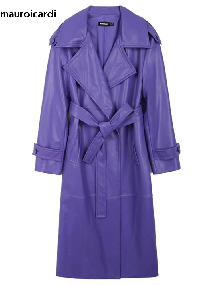 Mauroicardi 여성용 용수철 롱 방수 소프트 퍼플 PU 가죽 트렌치 코트, 샤시 럭셔리 우아한 가죽 오버코트 2025