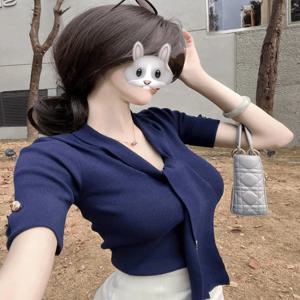 여름 슬림핏 니트탑 여성 베이스 레이어 부드러운 상의 뉴 스타일 끈 디자인 센세이션 슬림 반팔 니트 셔츠