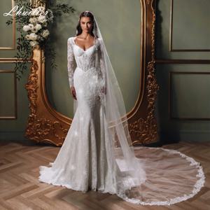 Lhuilier 맞춤형 인어 레이스 웨딩 드레스 환상 긴 소매 진주 법원 기차와 파란색 신부 드레스