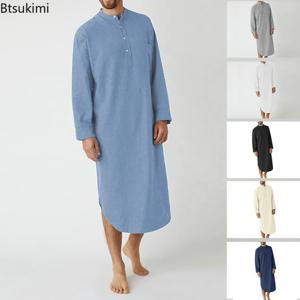 남성용 이슬람 패션 Abayas 수면 가운 솔리드 코튼 긴 소매 편안한 레저 잠옷 남성용 목욕 가운 Homewear Robes