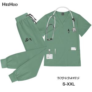 바지 세트 반팔 v 넥 탑 멀티 컬러 조깅 간호 스크럽 병원 유니폼 간호사 미용 치과 살롱 작업복